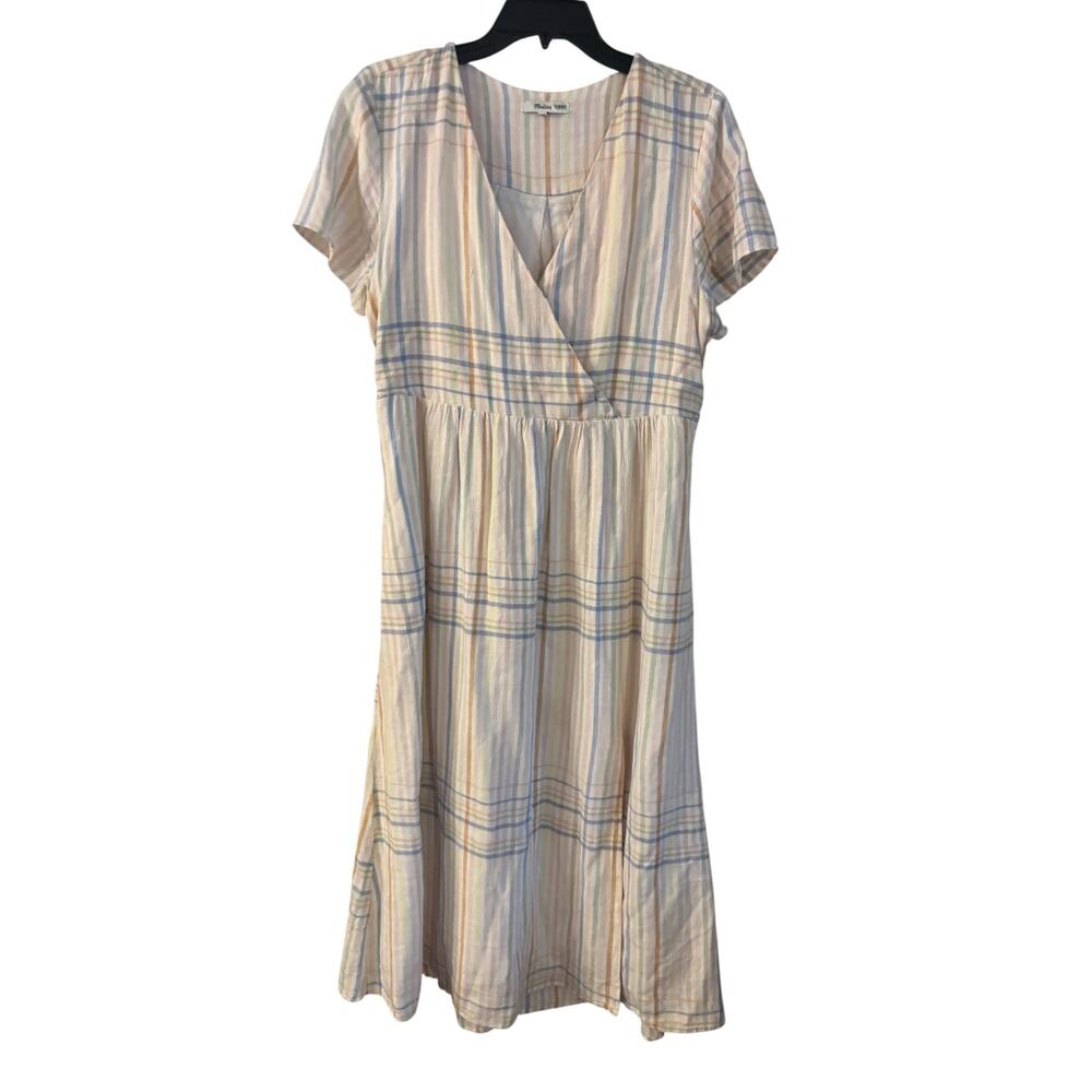 Madewell Linen Blend Clara Midi Dress Plaid Size Medium Muted Blush Pockets